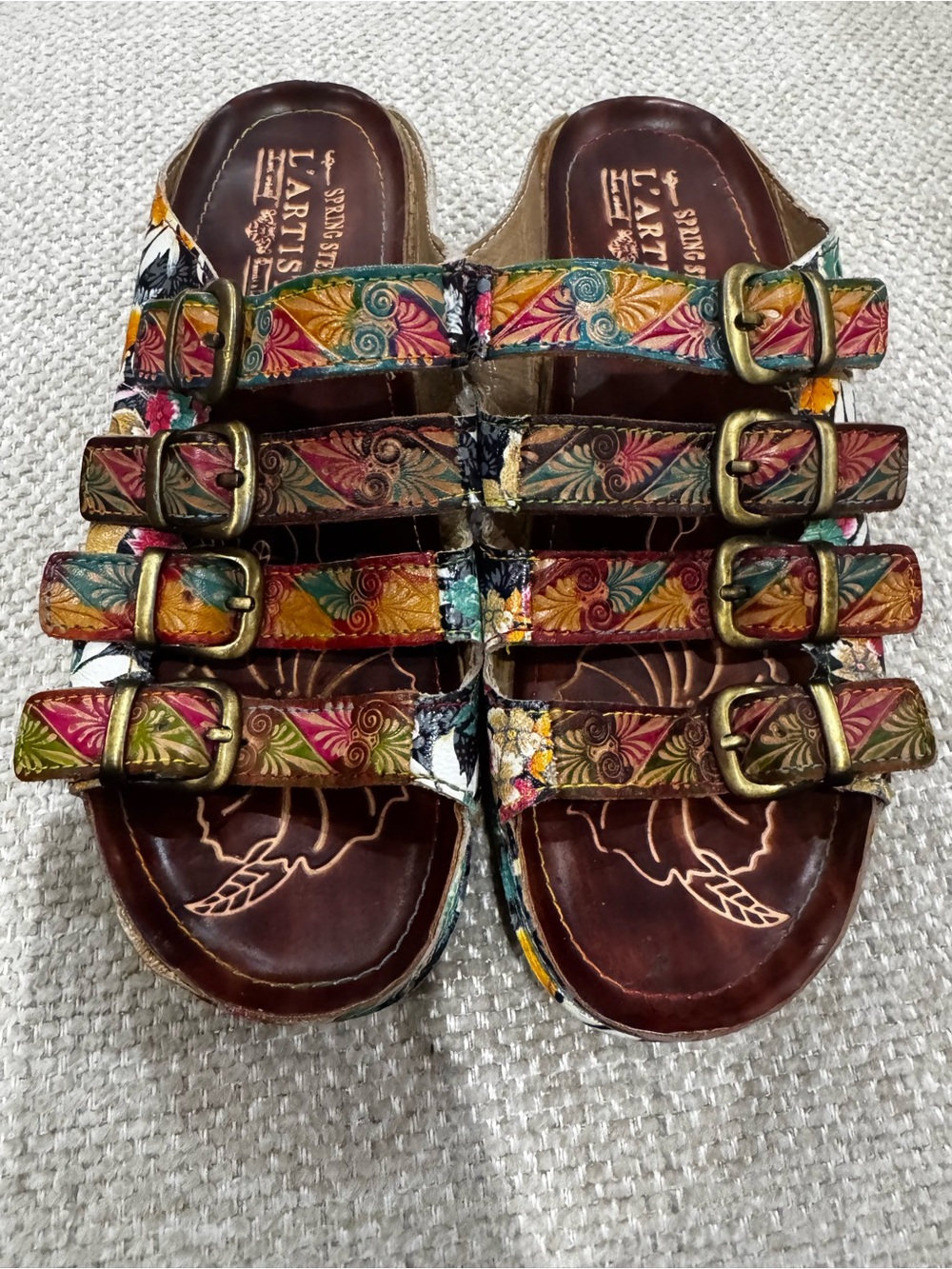 Lartiste Genuine Leather Multicolor Floral Buckle Slide Sandals EU 36 US 5